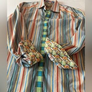 Robert Graham SZ XL Vibrant Striped Button Down Designer shirt 100%Cotton